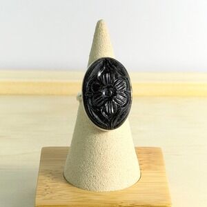 Vintage Onyx Black Sterling Silver Carved Floral Statement Ring Victorian Goth